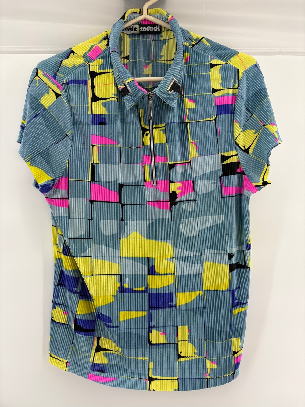 Jamie Sadock Womens L Pleated 1/4 Zip Collared Short Sleeve Geometric Top